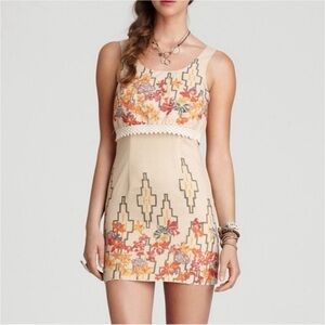 Free People Dress Women's 4 Tan Green Mini Crochet Trim Big Bang Boho Coastal